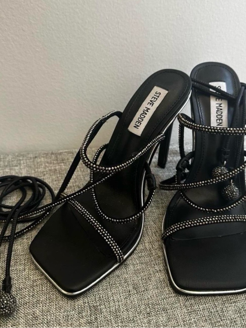 Steve Madden Black Beaded Lace-Up Stiletto Sandals